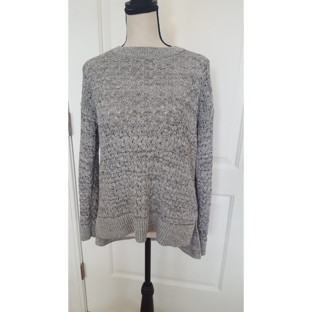 LOFT Open Weave‎ Women's Sweater, HI Lo Hem Notched, Grey & White, Size Medium